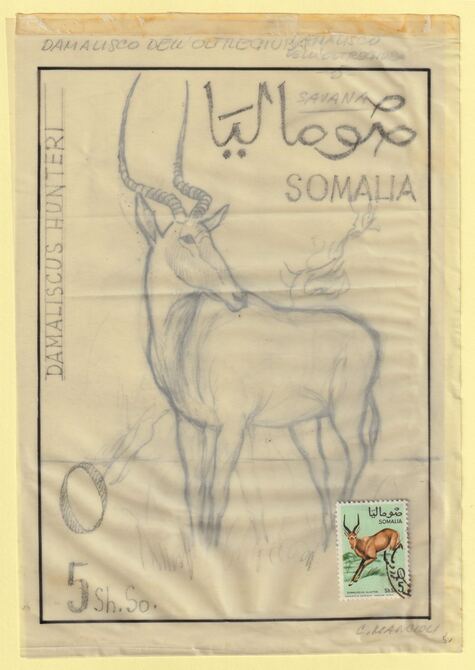 Somalia 1968 Antelope 5s Original artwork rough essay on tracing paper by Corrado Mancioli comprising a) the animal and b) the frame, minor  wrinkles image size 140 x 200..., stamps on animals, stamps on antelope, stamps on 