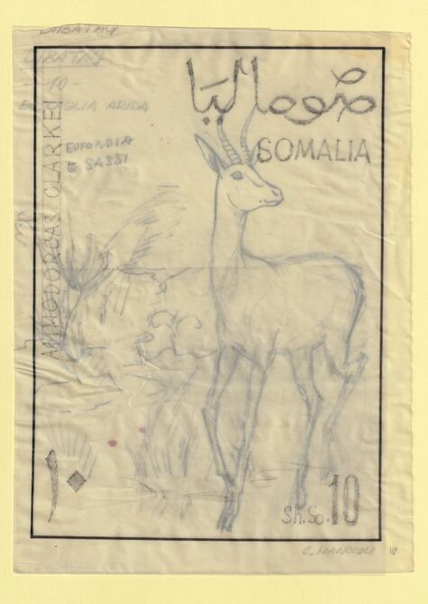 Somalia 1968 Antelope 10s Original artwork rough essay on tracing paper by Corrado Mancioli comprising a) the animal and b) the frame, minor  wrinkles image size 140 x 200 mm as SG485, stamps on , stamps on  stamps on animals, stamps on  stamps on antelope, stamps on  stamps on 