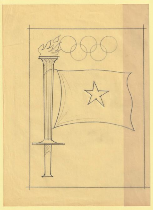 Somalia 1960 Olympic Games 5c Flame & Flag Original artwork Second Stage rough essay on tracing paper by Corrado Mancioli image size 150 x 210 mm similar to SG360, stamps on olympics, stamps on flags