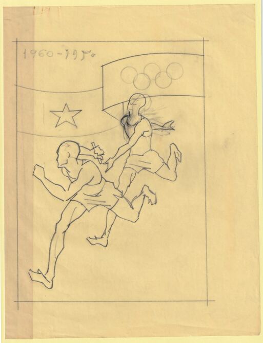 Somalia 1960 Olympic Games 10c Relay Race Original artwork Second Stage rough essay on tracing paper by Corrado Mancioli image size 150 x 210 mm similar to SG361, stamps on olympics, stamps on relay
