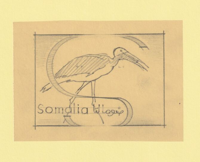 Somalia 1959 Water Birds Original artwork rough essay on tracing paper showing bird in 'S' emblem image size 100 x 70 mm as SG 334-339 series (96038), stamps on , stamps on  stamps on birds