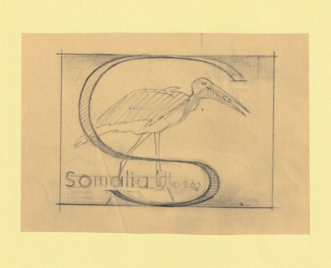 Somalia 1959 Water Birds Original artwork rough essay on tracing paper showing bird in 'S' emblem image size 100 x 70 mm as SG 334-339 series (96039), stamps on , stamps on  stamps on birds