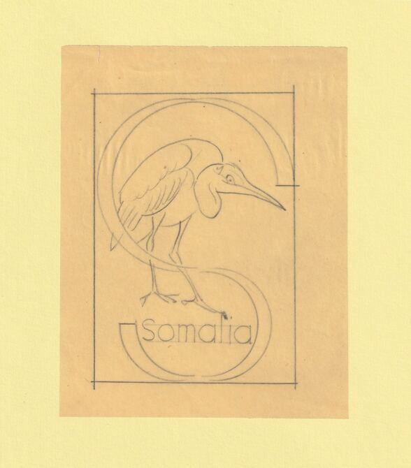 Somalia 1959 Water Birds Original artwork rough essay on tracing paper showing bird in S emblem image size 70 x 100 mm as SG 334-339 series (96042), stamps on birds