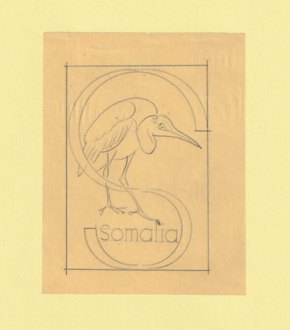 Somalia 1959 Water Birds Original artwork rough essay on tracing paper showing bird in 'S' emblem image size 70 x 100 mm as SG 334-339 series (96042), stamps on , stamps on  stamps on birds