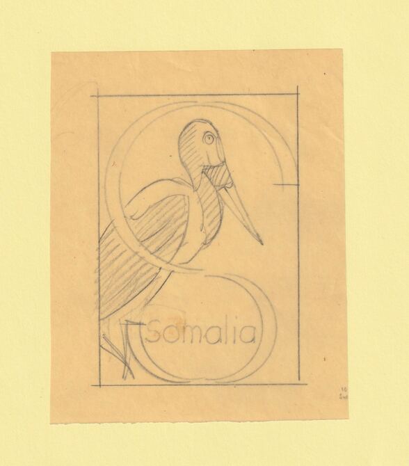 Somalia 1959 Water Birds Original artwork rough essay on tracing paper showing bird in 'S' emblem image size 70 x 100 mm as SG 334-339 series (96043), stamps on , stamps on  stamps on birds
