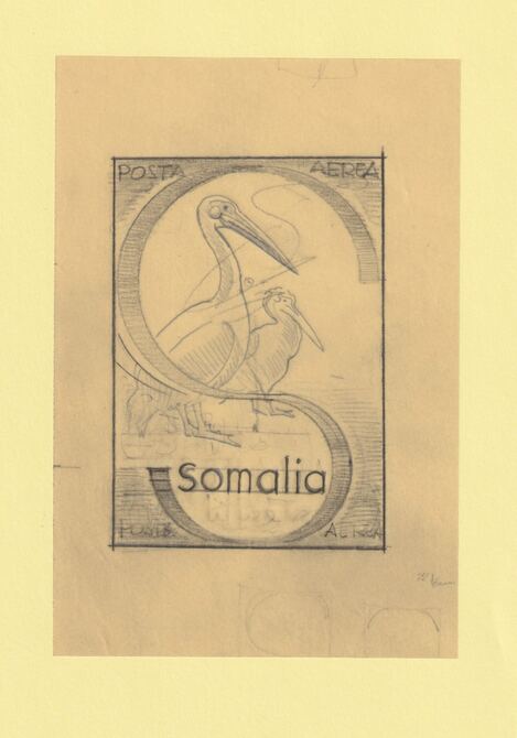 Somalia 1959 Water Birds Original artwork rough essay on tracing paper showing bird in 'S' emblem image size 70 x 100 mm as SG 334-339 series (96044), stamps on , stamps on  stamps on birds