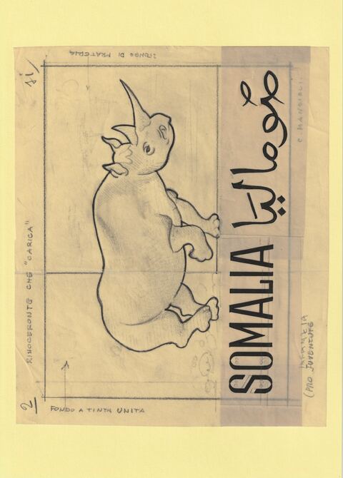 Somalia 1960 Child Welfare Original artwork of Rhino on tracing paper by Corrado Mancioli image size 205 x 155 mm , stamps on , stamps on  stamps on children, stamps on  stamps on animals, stamps on  stamps on rhino