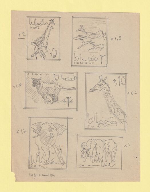 Somalia 1965 Flora & Fauna Original artwork of 6 rough sketches on white paper by Corrado Mancioli sheet size 160 x 210 mm , stamps on children, stamps on animals, stamps on elephants, stamps on giraffes
