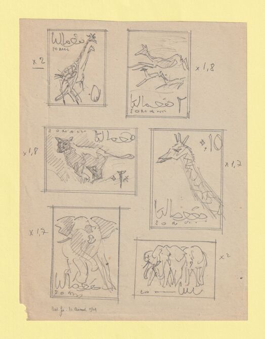 Somalia 1965 Flora & Fauna Original artwork of 6 rough sketches on white paper by Corrado Mancioli sheet size 160 x 210 mm , stamps on , stamps on  stamps on children, stamps on  stamps on animals, stamps on  stamps on elephants, stamps on  stamps on giraffes