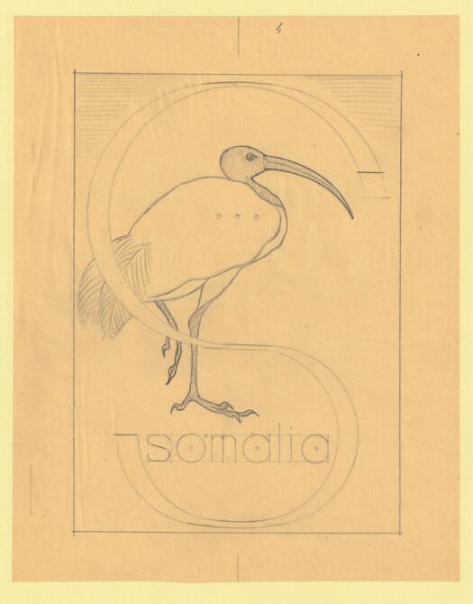 Somalia 1959 Water Birds Original artwork rough essay on tracing paper showing bird in 'S' emblem image size 145 x 200 mm as SG 334-339 series (96060), stamps on , stamps on  stamps on birds