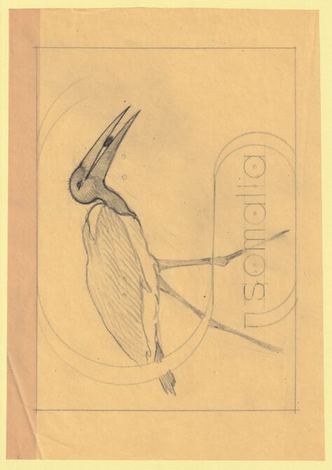 Somalia 1959 Water Birds Original artwork rough essay on tracing paper showing bird in 'S' emblem image size 200 x 145 mm as SG 334-339 series (96061), stamps on , stamps on  stamps on birds