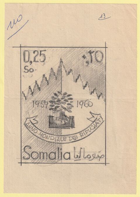 Somalia 1960 World Refugee Year Original artwork rough on white paper for 25c value image size 95 x 125 mm , stamps on refugees