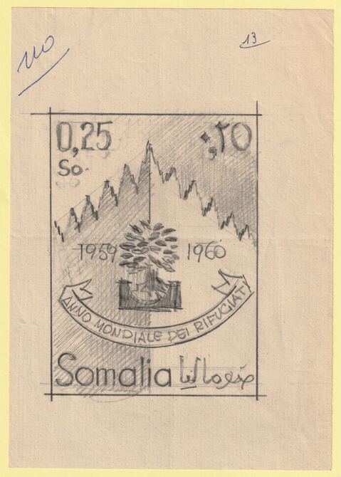 Somalia 1960 World Refugee Year Original artwork rough on white paper for 25c value image size 95 x 125 mm , stamps on , stamps on  stamps on refugees