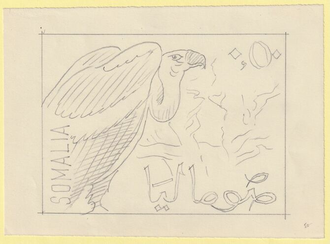 Somalia 1966 Birds Original artwork essay rough on white paper image size 145 x 105 mm possibly for SG 436-410 series (96070), stamps on birds