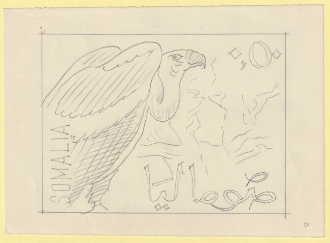 Somalia 1966 Birds Original artwork essay rough on white paper image size 145 x 105 mm possibly for SG 436-410 series (96070), stamps on , stamps on  stamps on birds