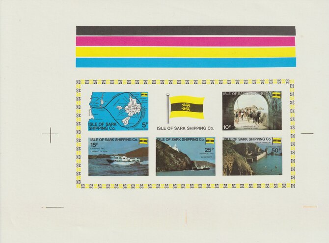 Isle of Sark Shipping Co imperf proof sheetlet containing set of 6 (Map, Flag Ships, etc) with printer's colour bars, unmounted mint, stamps on , stamps on  stamps on ships, stamps on  stamps on flags, stamps on  stamps on maps