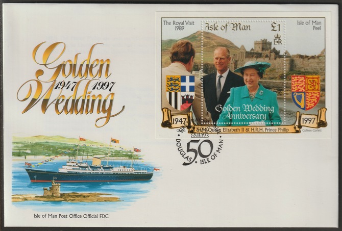 Isle of Man 1997 Golden Wedding of Queen Elizabeth & Prince Philip m/sheet on illustrated cover with special first day cancel, SG MS772, stamps on royalty