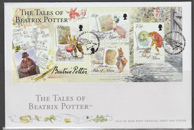 Isle of Man 2006 The Tales of Beatrix Potter perf m/sheet on illustrated cover with first day cancel SG MS1330, stamps on , stamps on  stamps on literature, stamps on  stamps on potter, stamps on  stamps on animals