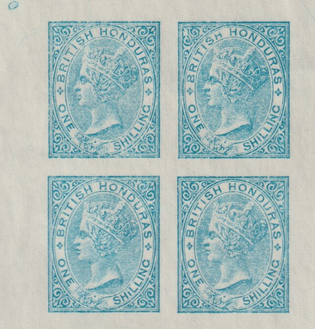 British Honduras 1865 QV 1s reprint block of 4 specially produced on the Perkins Bacon press at the 1965 Daily Mail Schoolboys and Girls Exhibition at Alexandra Palace, scarce with only 500 produced, stamps on , stamps on  stamps on exhibitions