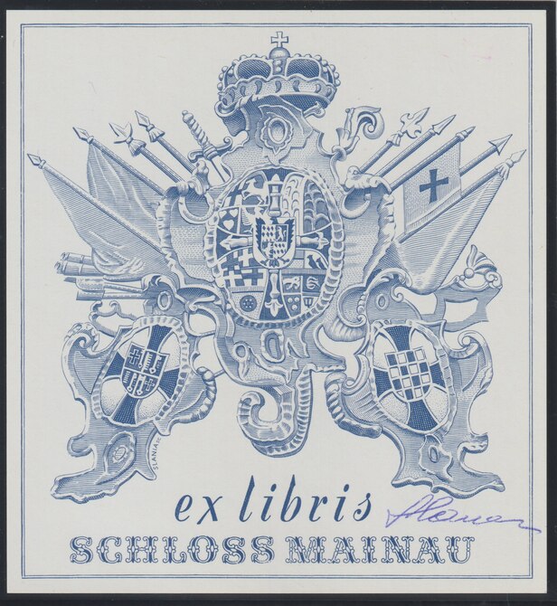 Czeslaw Slania - Ex Libris engraved proof produced for the library of Count Lennart Bernadotte. Proof in blue and signed by Slania believed to be one of only six proofs, ..., stamps on exhibitions