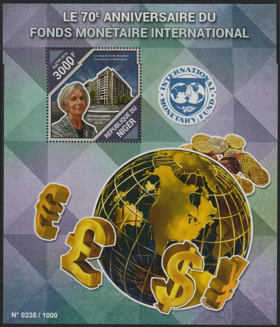 Niger Republic 2015 70th Anniv International Monetary Fund perf s/sheet containing 1 value unmounted mint, stamps on finance, stamps on money