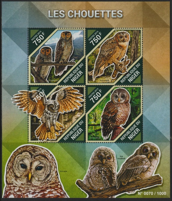 Niger Republic 2015 Owls perf sheet containing 4 values unmounted mint, stamps on , stamps on  stamps on birds, stamps on  stamps on birds of prey, stamps on  stamps on owls