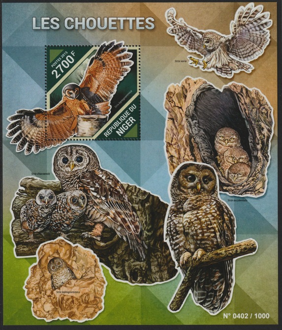 Niger Republic 2015 Owls perf s/sheet containing 1 value unmounted mint, stamps on birds, stamps on birds of prey, stamps on owls