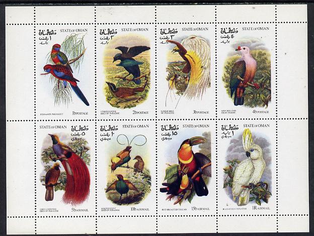 Oman 1973 Exotic Birds (Birds of Paradise & Parrots) perf set of 8 values (1b to 1R) unmounted mint, stamps on birds    parrot, stamps on birds of paradise
