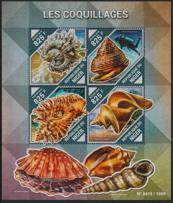 Niger Republic 2015 Shells perf sheet containing 4 values unmounted mint, stamps on , stamps on  stamps on marine life, stamps on  stamps on shells