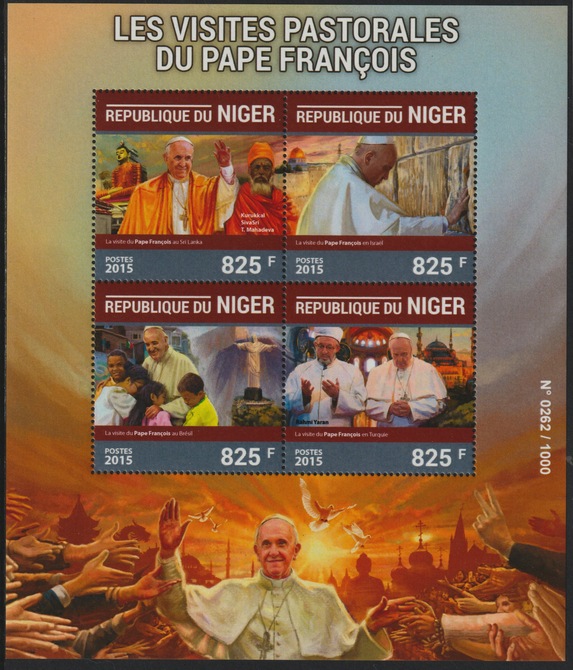 Niger Republic 2015 Visits of Pope Francis perf sheet containing 4 values unmounted mint, stamps on personalities, stamps on pope, stamps on religion