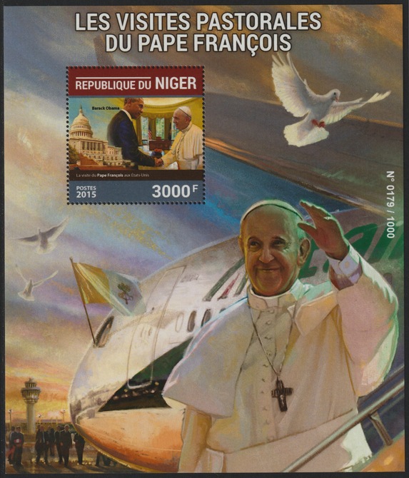 Niger Republic 2015 Visits of Pope Francis perf s/sheet containing 1 value unmounted mint, stamps on , stamps on  stamps on personalities, stamps on  stamps on pope, stamps on  stamps on religion