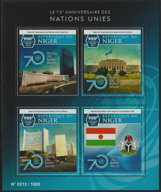 Niger Republic 2015 70th Anniv of United Nations perf sheet containing 4 values unmounted mint, stamps on , stamps on  stamps on united nations, stamps on  stamps on  un , stamps on  stamps on 