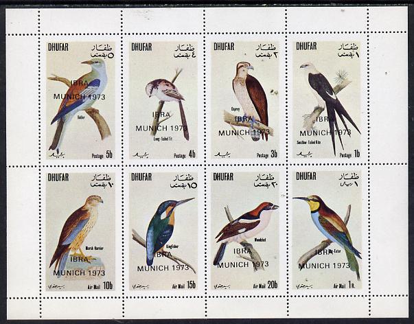 Dhufar 1972 Birds #2 (Kingfisher, Osprey, Harrier, Tit etc) perf  set of 8 values (1b to 1R) opt'd IBRA Munich 1973 unmounted mint, stamps on birds   kingfisher   birds of prey    harrier   roller    tit   osprey    kite     bee-eater     woodchat    stamp exhibitions
