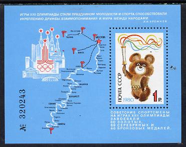 Russia 1980 Completion of Olympic Games perf m/sheet unmounted mint, SG MS 5049, Mi BL 148, stamps on , stamps on  stamps on olympics, stamps on  stamps on sport, stamps on  stamps on bear, stamps on  stamps on maps