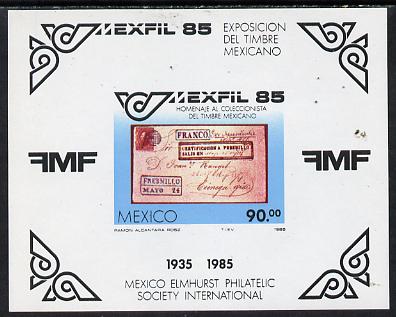 Mexico 1985 'Mexfil '85' Philatelic Exhibition imperf m/sheet depicting early Postal item unmounted mint SG MS1742, stamps on stamp on stamp, stamps on stamp exhibitions, stamps on posthorn , stamps on stamponstamp