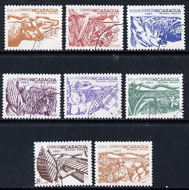 Nicaragua 1987 Agrarian Reform cto set of 8 (various products inscribed 1987) SG 2854-61*, stamps on , stamps on  stamps on food    agriculture   tobacco   textiles    farming    fruit    cotton    cattle    maize     grain    rice    coffee, stamps on bananas    