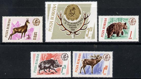 Rumania 1965 Hunting Trophies set of 5 unmounted mint, SG 3332-36, Mi 2460-64*, stamps on , stamps on  stamps on animals, stamps on  stamps on hunting, stamps on  stamps on bears, stamps on  stamps on deer, stamps on  stamps on boars, stamps on  stamps on swine