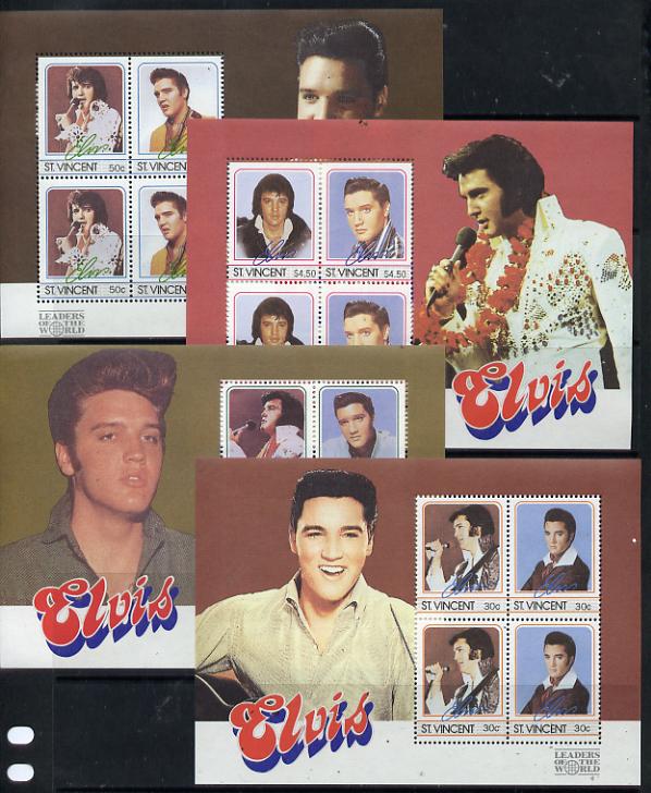 St Vincent 1985 Elvis Presley (Leaders of the World) set of 4 m/sheets unmounted mint (SG MS 1078), stamps on , stamps on  stamps on music     personalities        elvis  entertainments     films    cinema