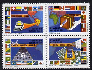 Brazil 1989 Postal Services se-tenant block of 4 unmounted mint, SG 2345-48, stamps on , stamps on  stamps on communications, stamps on maps, stamps on postal, stamps on flags