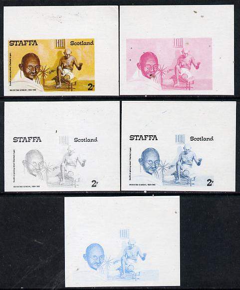 Staffa 1979 Gandhi 2p (with Spinning Wheel) set of 5 imperf progressive colour proofs comprising 3 individual colours (red, blue & yellow) plus 2 and all 4-colour composites unmounted mint, stamps on , stamps on  stamps on personalities, stamps on  stamps on textiles, stamps on  stamps on gandhi, stamps on  stamps on  law , stamps on  stamps on spinning