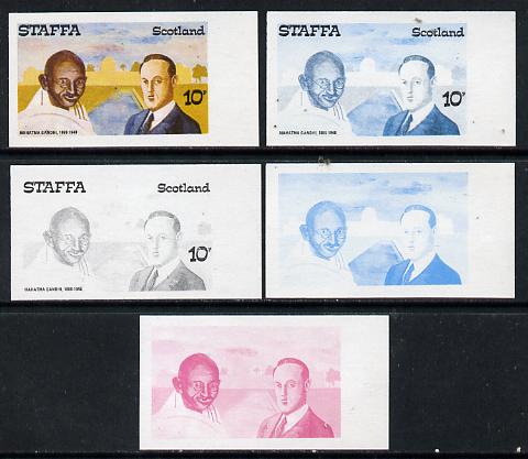 Staffa 1979 Gandhi 10p set of 5 imperf progressive colour proofs comprising 3 individual colours (red, blue & yellow) plus 2 and all 4-colour composites unmounted mint , stamps on , stamps on  stamps on personalities         gandhi, stamps on  stamps on  law , stamps on  stamps on 