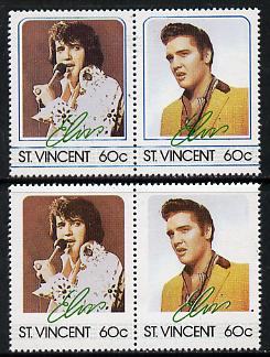 St Vincent 1985 Elvis Presley (Leaders of the World) 60c se-tenant reprint proof pair with blue-green (frame) omitted plus normal pair unmounted mint, as SG 921a, stamps on music     personalities        elvis  entertainments     films    cinema