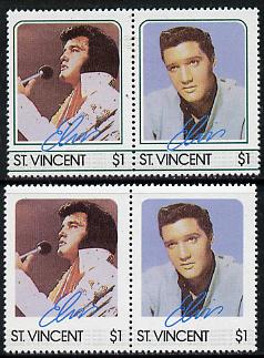 St Vincent 1985 Elvis Presley (Leaders of the World) $1 se-tenant reprint proof pair with blue-green (frame) omitted plus normal pair unmounted mint, as SG 923a, stamps on , stamps on  stamps on music     personalities        elvis  entertainments     films    cinema