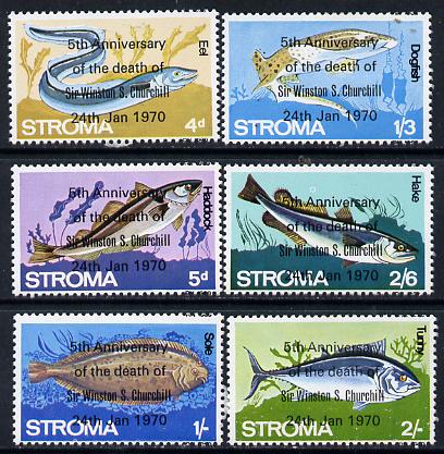 Stroma 1970 Fish perf set of 6 each opt'd '5th Anniversary of Death of Sir Winston Churchill' unmounted mint, stamps on fish, stamps on marine life, stamps on personalities, stamps on churchill, stamps on death