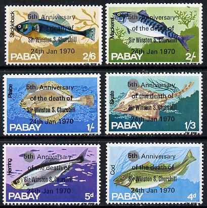 Pabay 1970 Fish perf set of 6 each with silver dot obliterating '6th' then opt'd '5th Anniversary of Death of Sir Winston Churchill' unmounted mint, stamps on , stamps on  stamps on fish, stamps on death, stamps on personalities, stamps on churchill, stamps on marine life, stamps on 