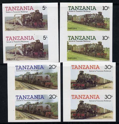 Tanzania 1985 Railways (1st Series) set of 4 in imperf pairs (as SG 430-3) unmounted mint. NOTE - this item has been selected for a special offer with the price significa..., stamps on railways