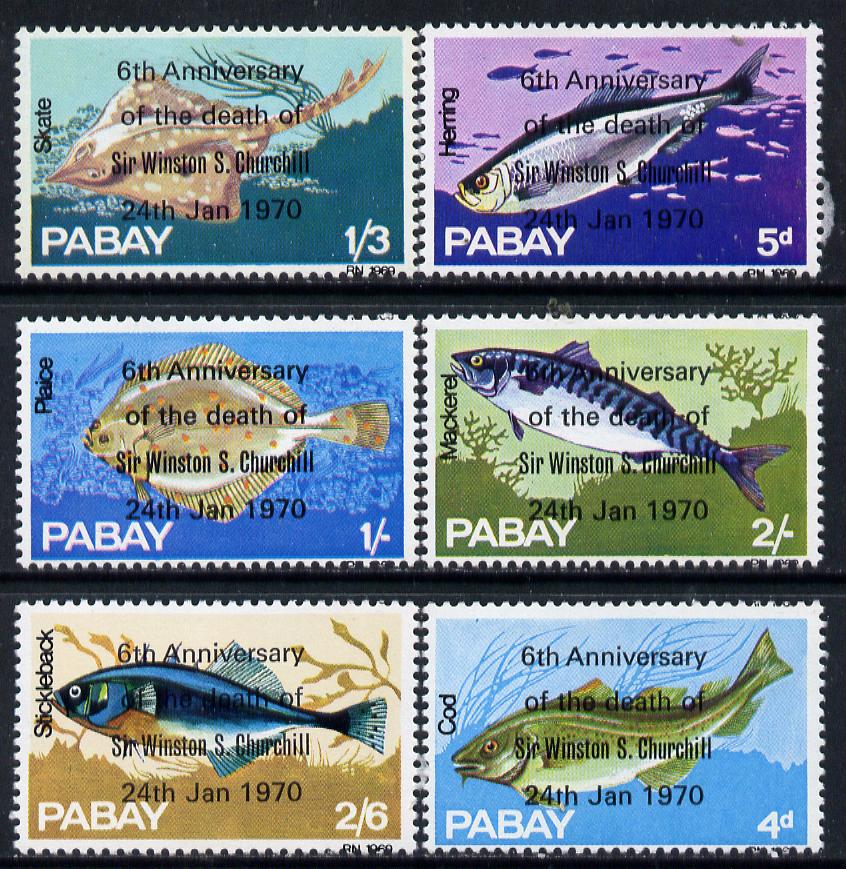 Pabay 1970 Fish perf set of 6 each opt'd in error '6th Anniversary of Death of Sir Winston Churchill' unmounted mint, stamps on fish, stamps on personalities, stamps on churchill, stamps on death, stamps on marine life   