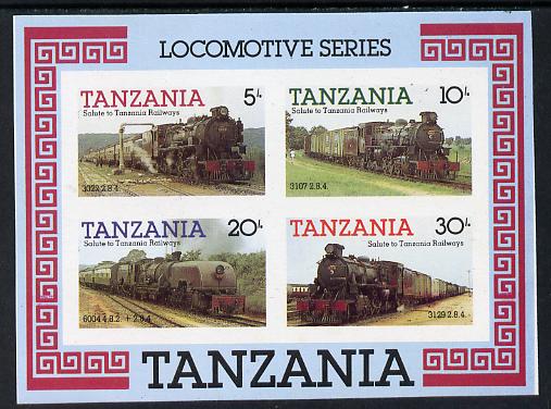 Tanzania 1985 Railways (1st Series) imperf m/sheet containing 4 vals unmounted mint (as SG MS 434), stamps on , stamps on  stamps on railways, stamps on big locos