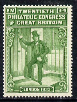 Cinderella - Great Britain 1933 BPA label in green to mark the 20th Philatelic Congress (showing Postman) unmounted mint, stamps on , stamps on  stamps on postal, stamps on  stamps on  kg5 , stamps on  stamps on cinderella, stamps on  stamps on postman