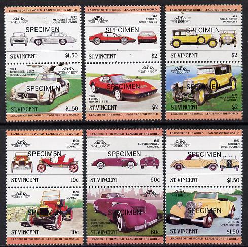 St Vincent 1984 Cars #1 (Leaders of the World) set of 12 opt'd SPECIMEN unmounted mint, as SG 727-38, stamps on , stamps on  stamps on cars    cord    rolls royce    mercedes    ferrari     citroen     ford